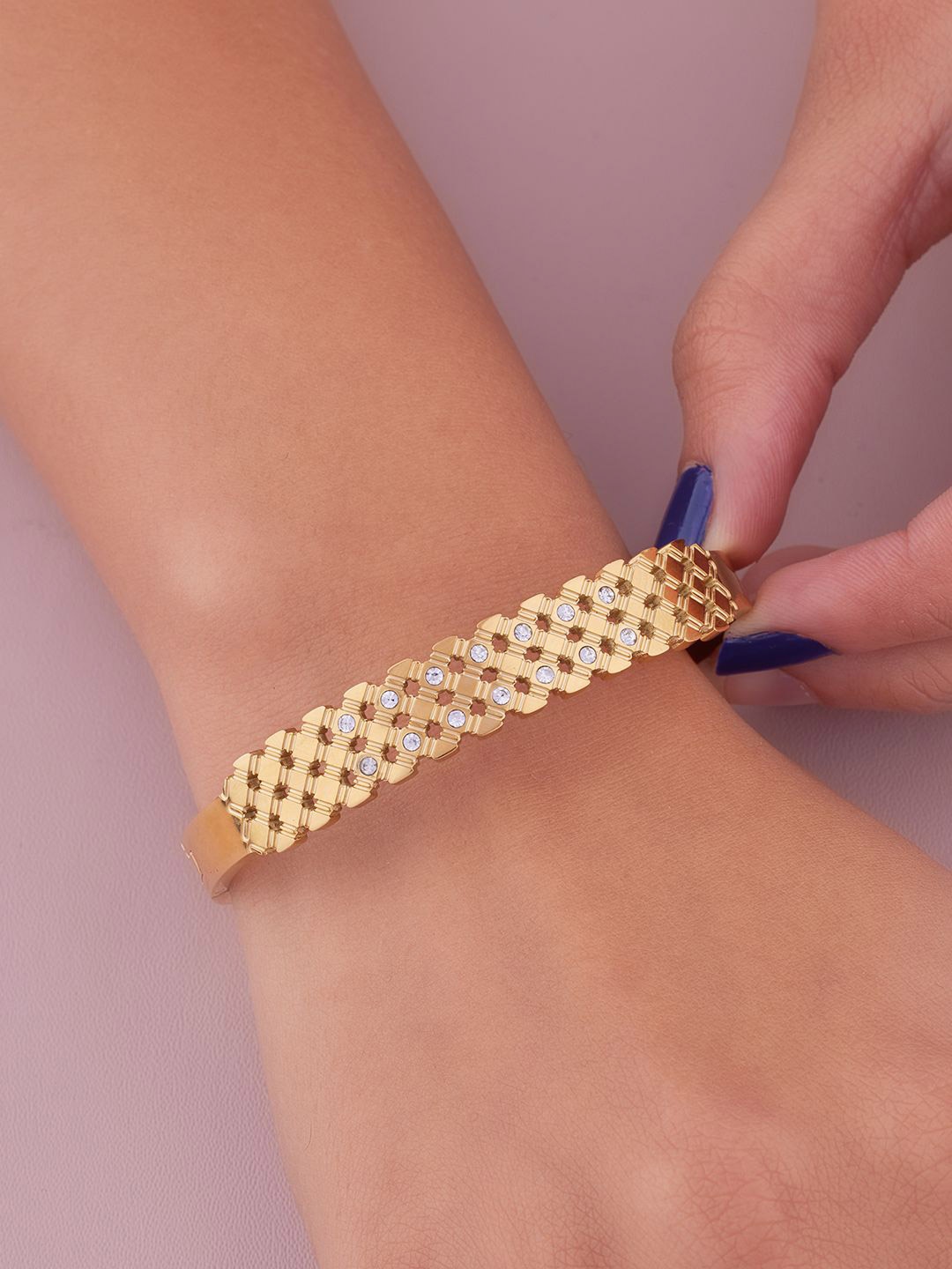

ANJNI CREATION Gold-Plated AD Studded Stainless Steel Tarnish-Free Stake Kada Bracelet