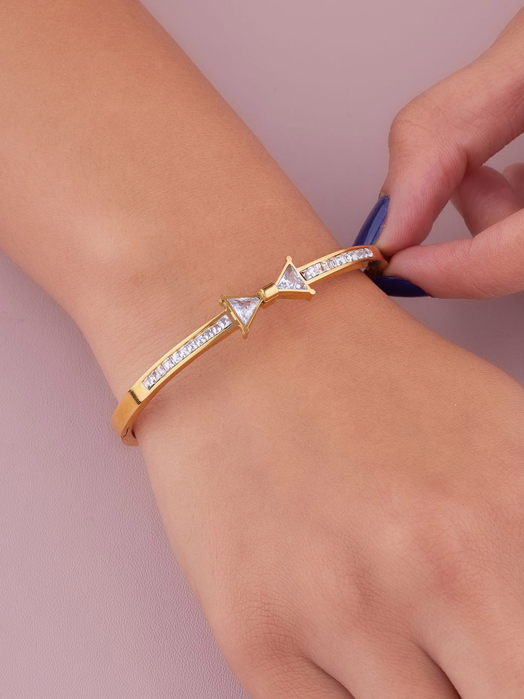 

ANJNI CREATION Gold-Plated AD Studded Stainless Steel Tarnish-Free Bow Kada Bracelet