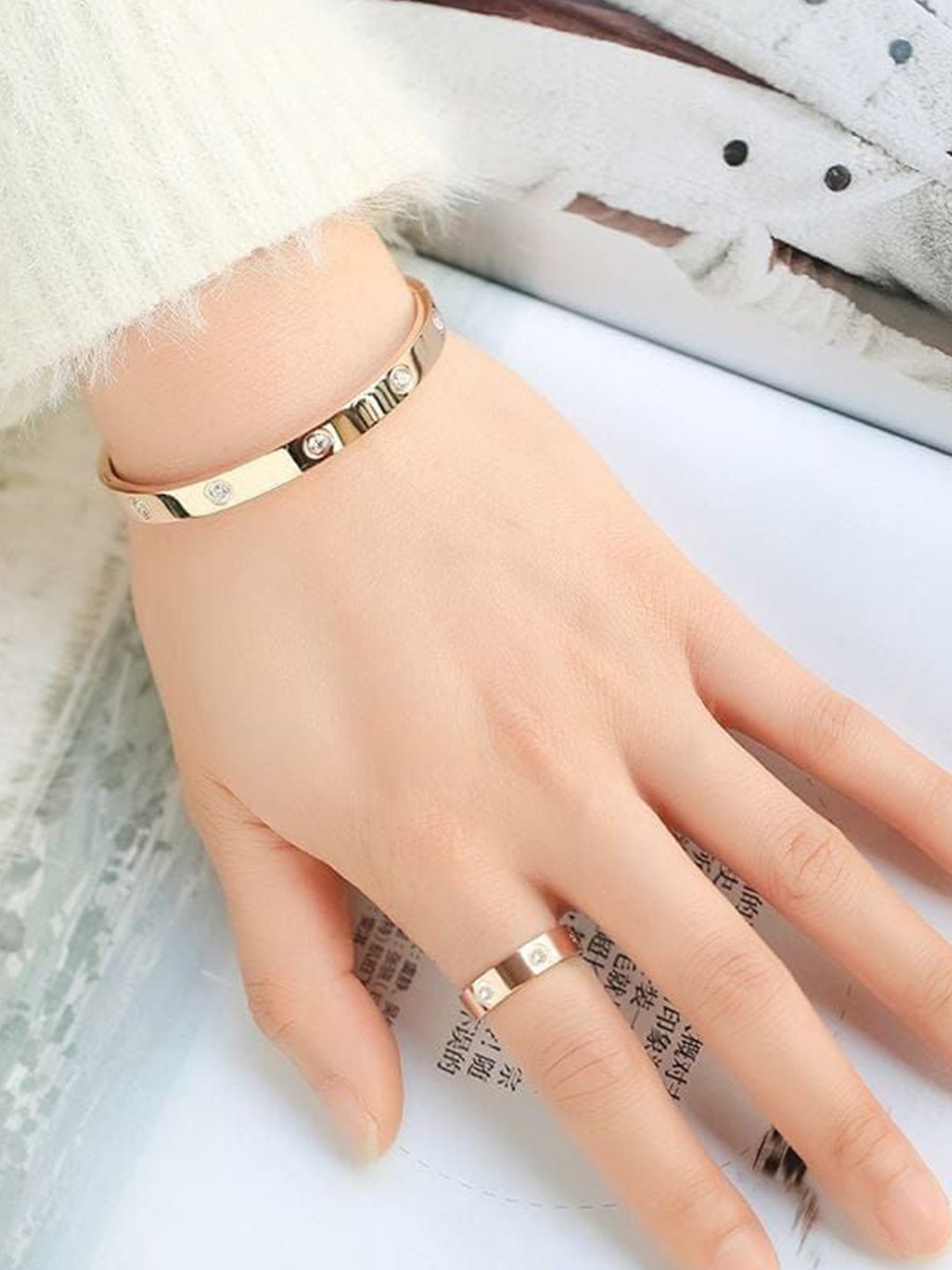 

ANJNI CREATION Gold-Plated AD Studded Stainless Steel Tarnish-Free Soliter Kada Bracelet