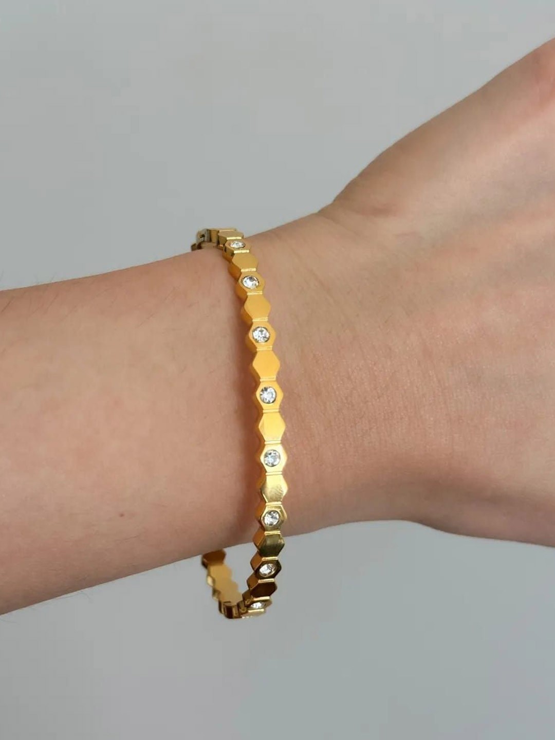 

ANJNI CREATION Gold-Plated AD Studded Stainless Steel Tarnish-Free Stake Kada Bracelet
