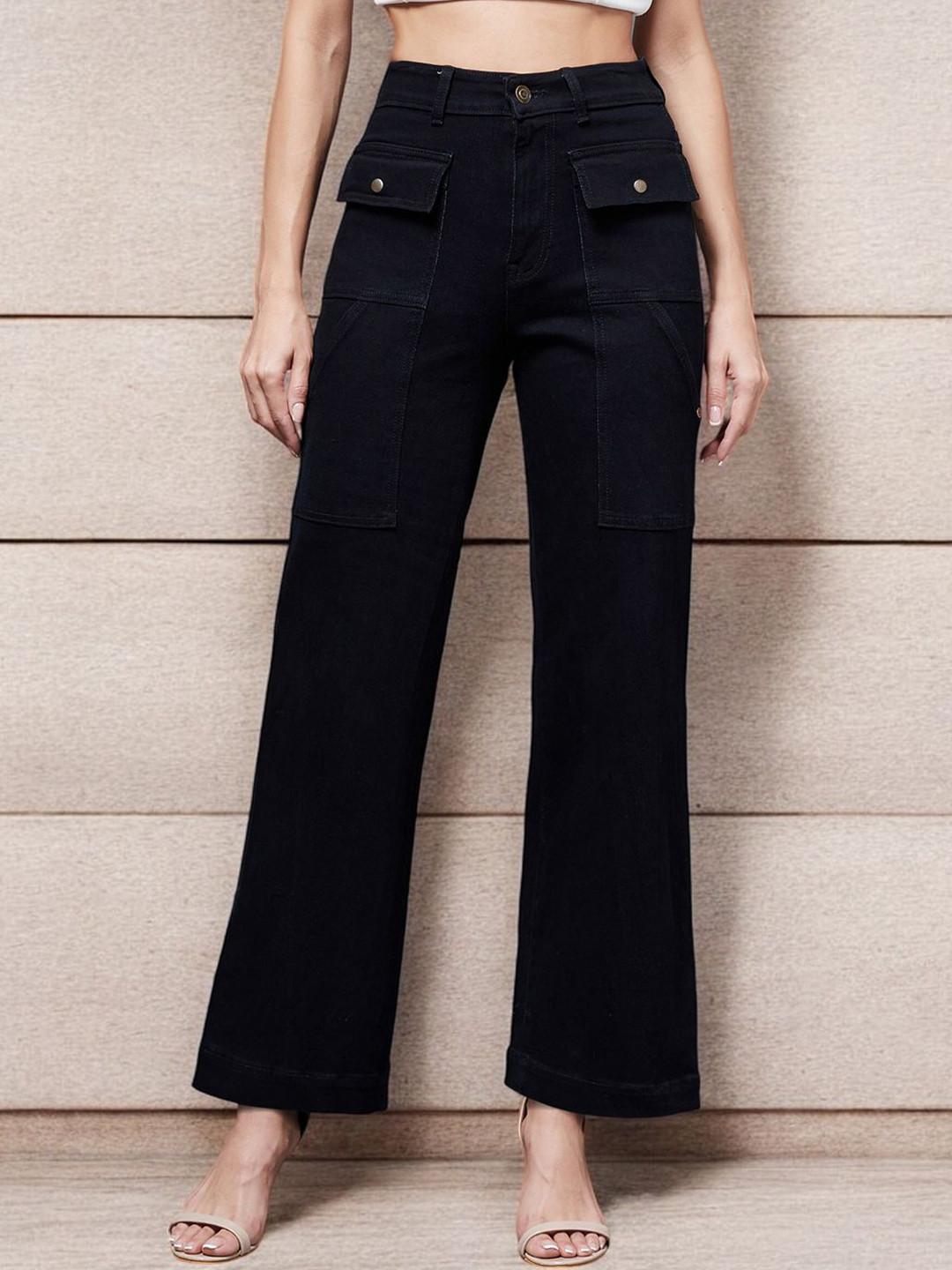 

Miss Chase Women Cotton High-Rise Stretchable Flared Jeans, Black