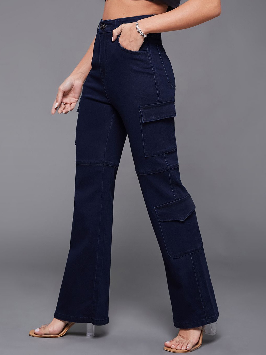 

Miss Chase Women Wide Leg High-Rise Stretchable Cargo Jeans, Blue