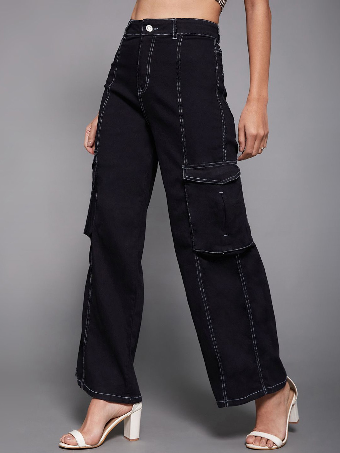 

Miss Chase Women Wide-Leg High-Rise Clean-Look Stretchable Patch-Pocketed Denim Jeans, Black