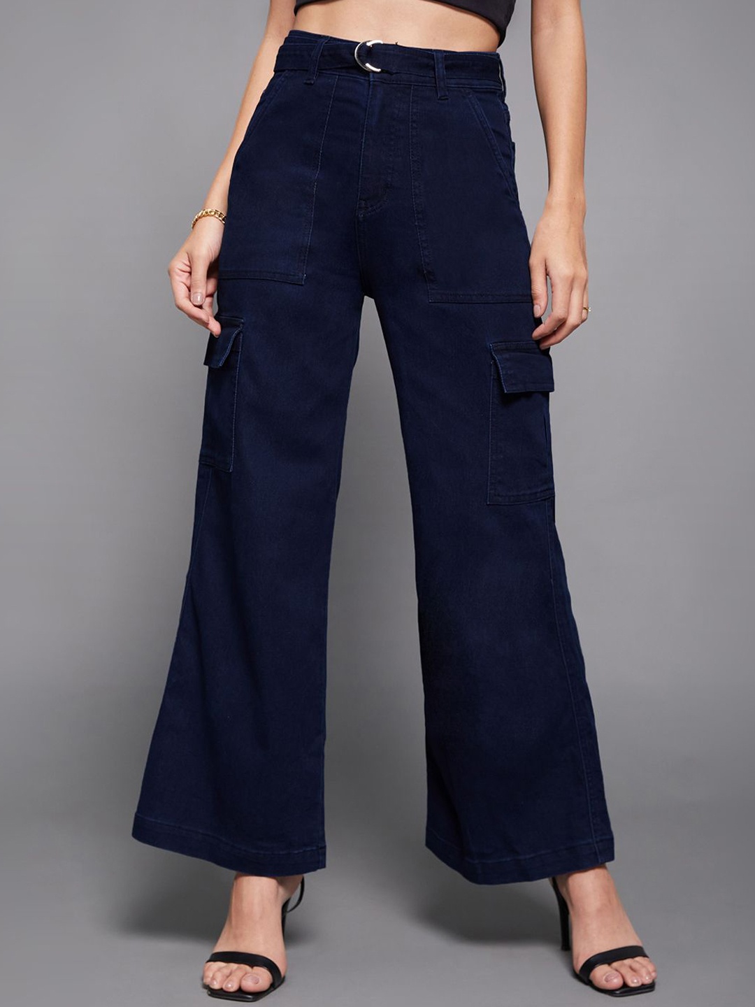 

Miss Chase Women's Navy Blue Wide Leg Clean Look Regular Stretchable Cargo Denim Jeans