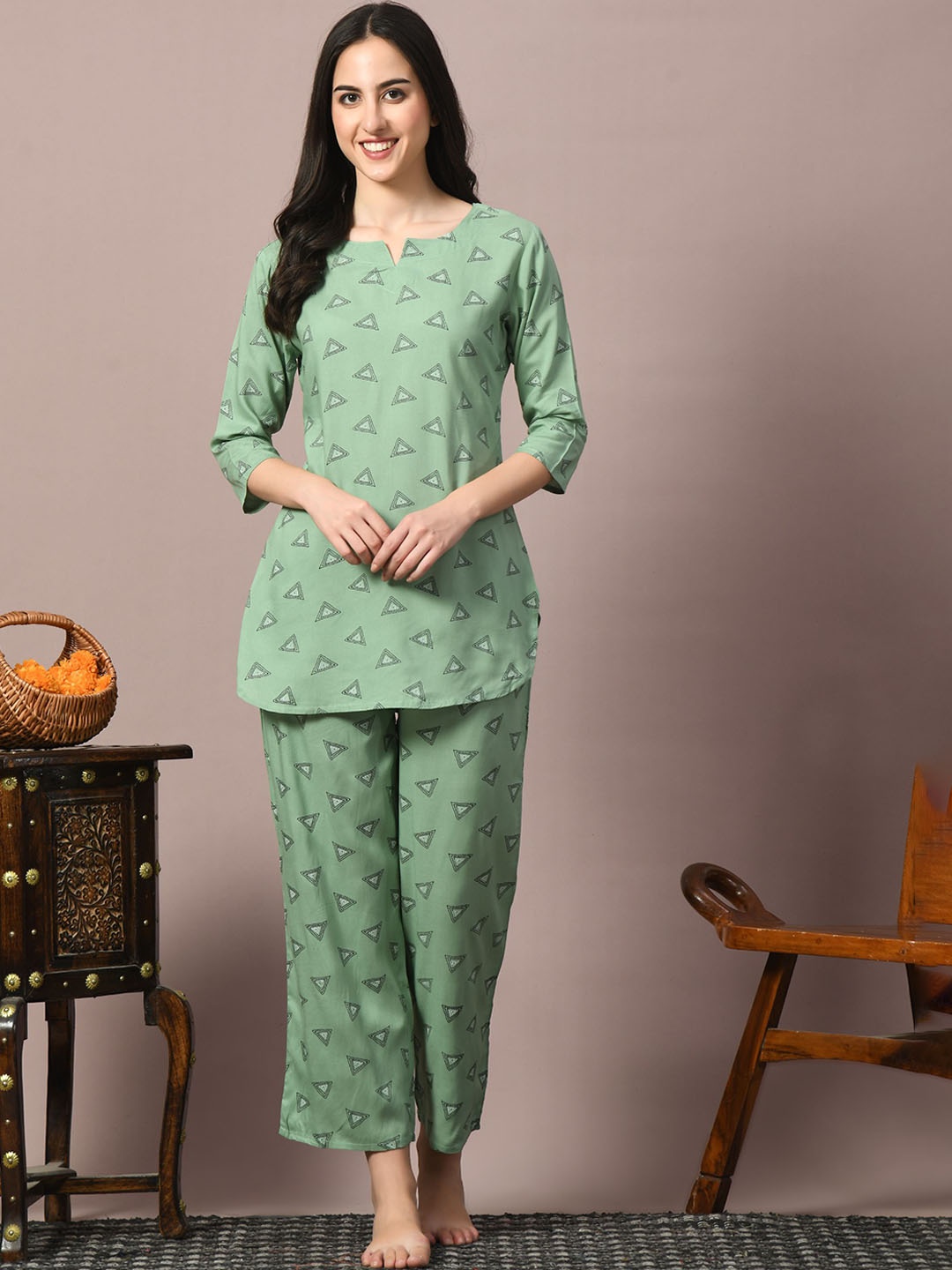 

Dreambe Women Geometric Printed Night suit, Teal