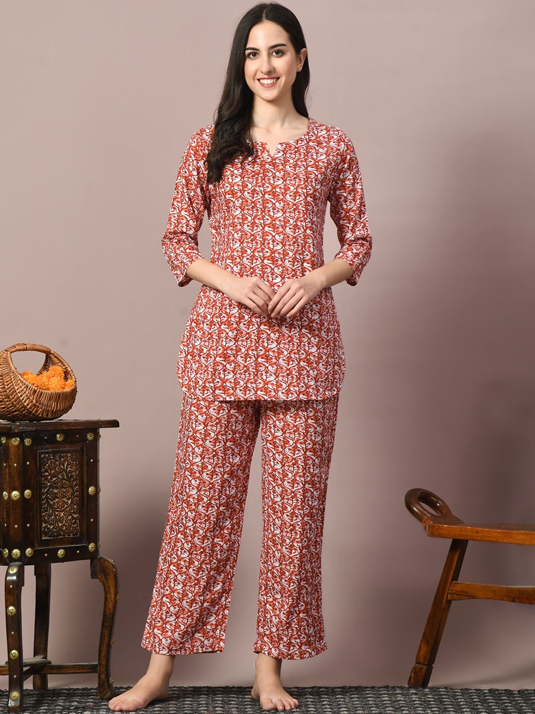 

Dreambe Women Printed Pure Cotton Night suit, Red
