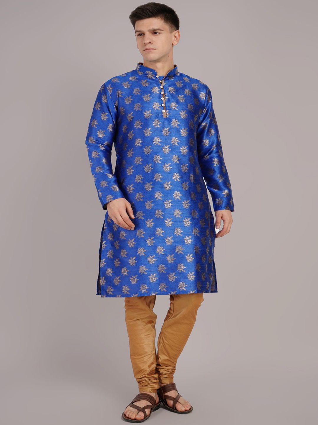 

Larwa Floral Woven Design Mandarin Collar Jacquard Weave Kurta With Churidar, Blue