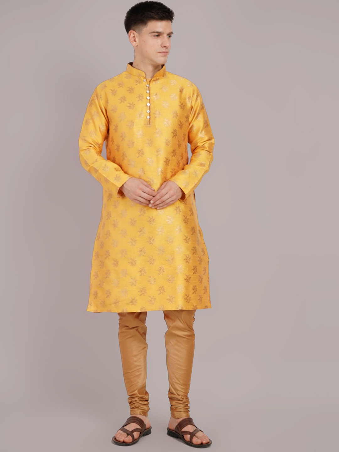 

Larwa Floral Woven Design Mandarin Collar Jacquard Weave Kurta With Churidar, Yellow