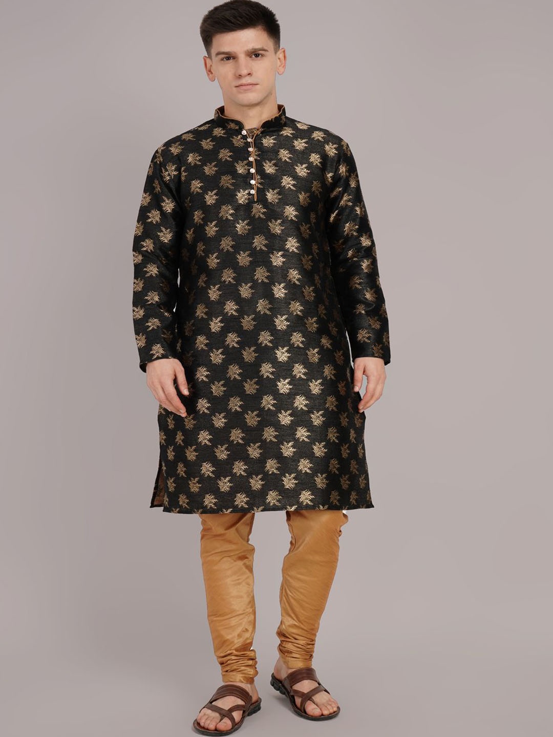 

Larwa Floral Woven Design Mandarin Collar Jacquard Weave Kurta With Churidar, Black