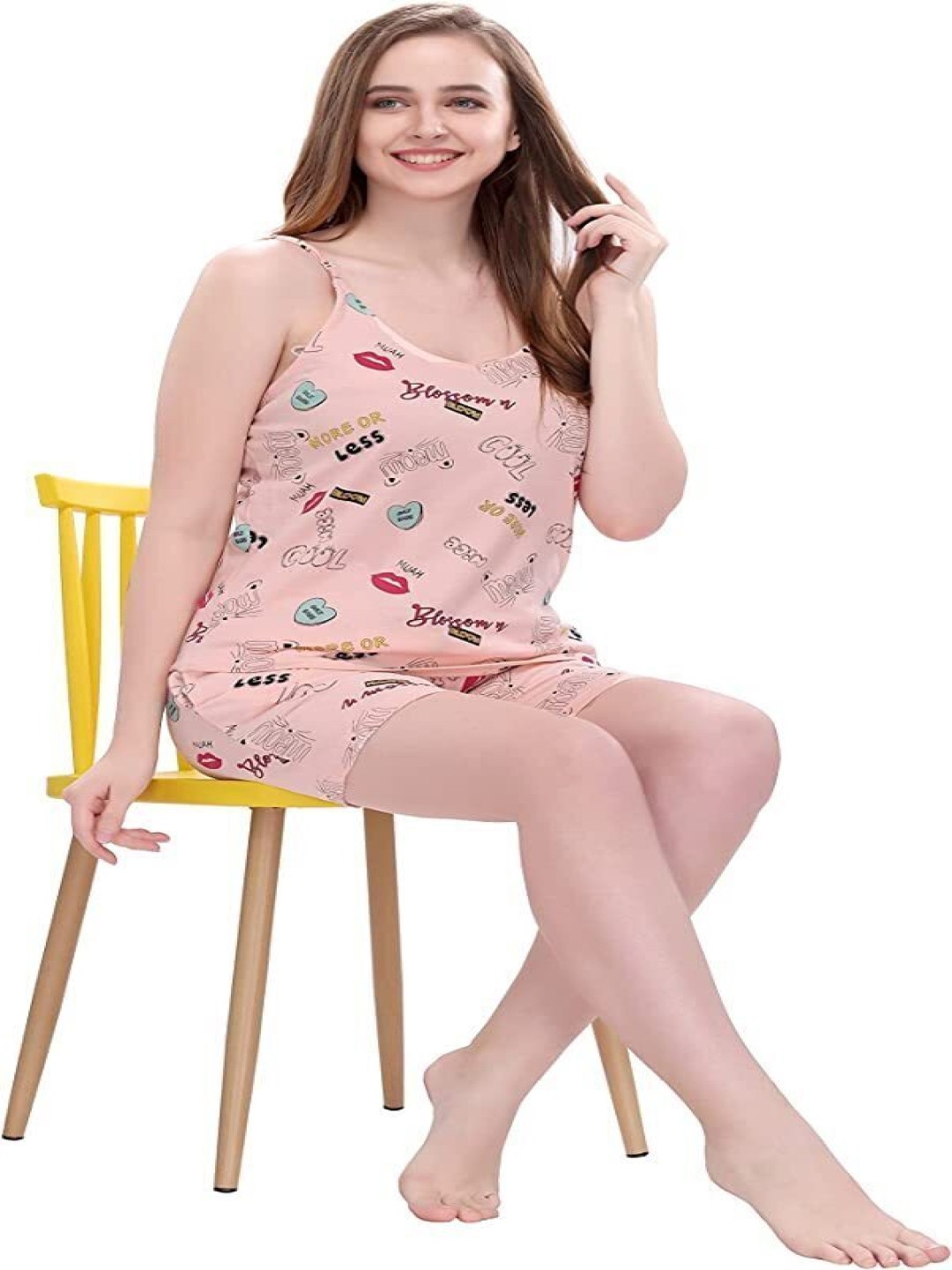 

XPIOX Women Printed Satin Night Suit, Peach