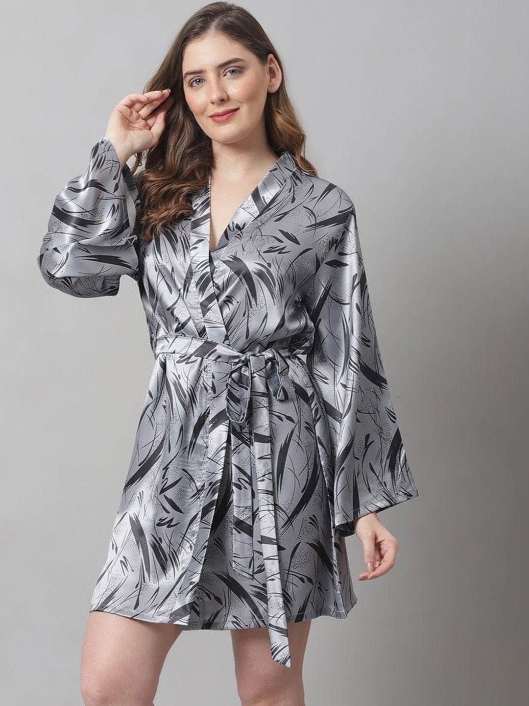 

XPIOX Women Abstract Printed Satin Bathrobe, Grey