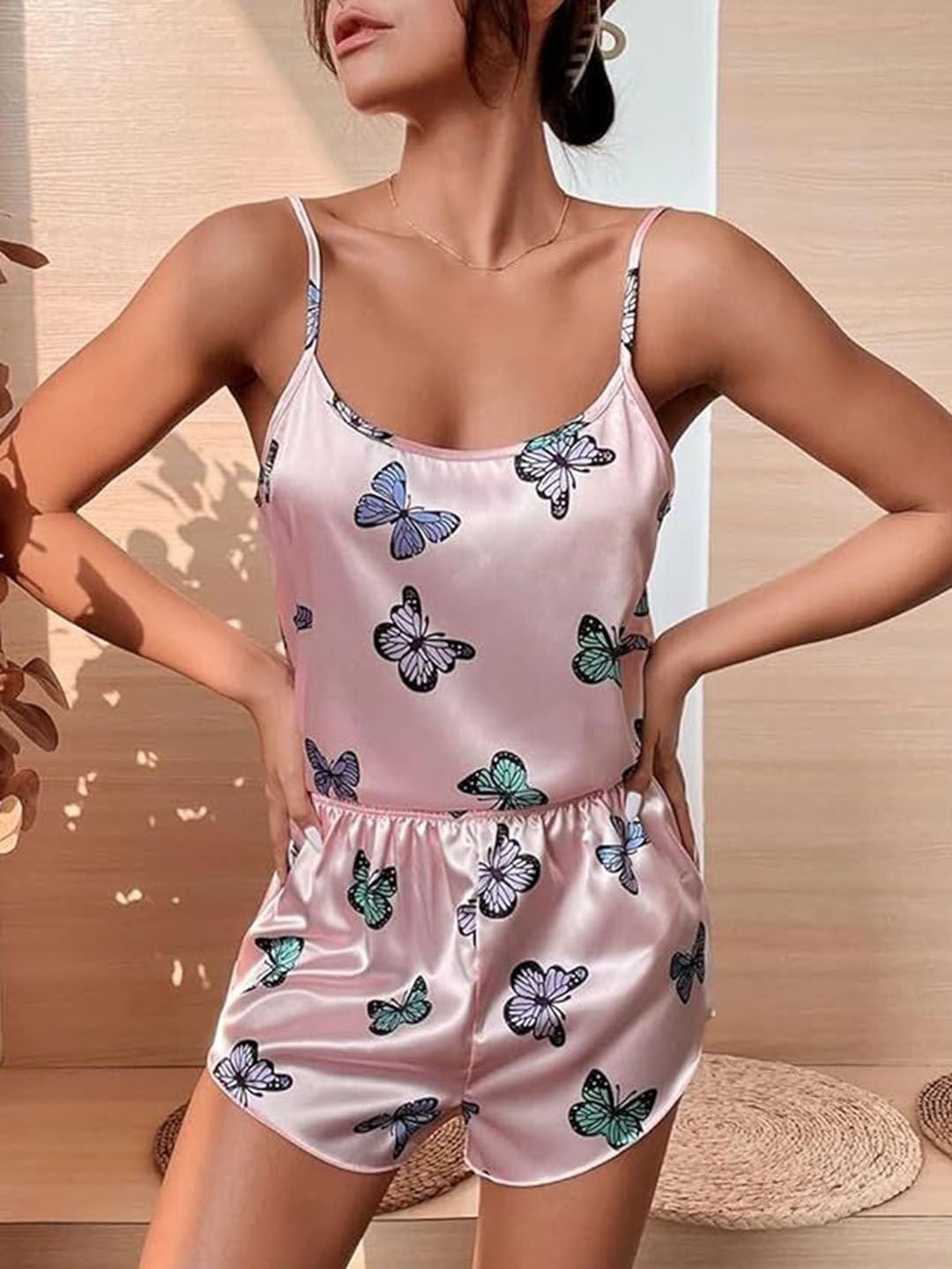 

XPIOX Women Printed Satin Shoulder Straps Night Suit Set, Pink