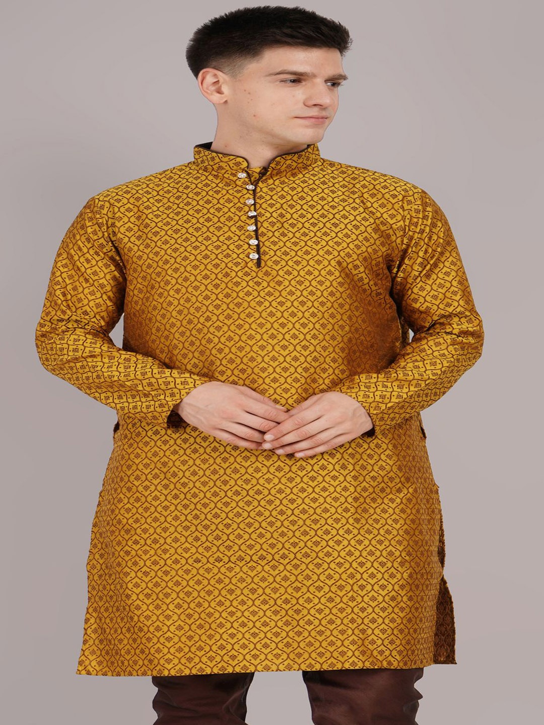 

Larwa Jacquard Woven Design Mandarin Collar Straight Kurta, Mustard