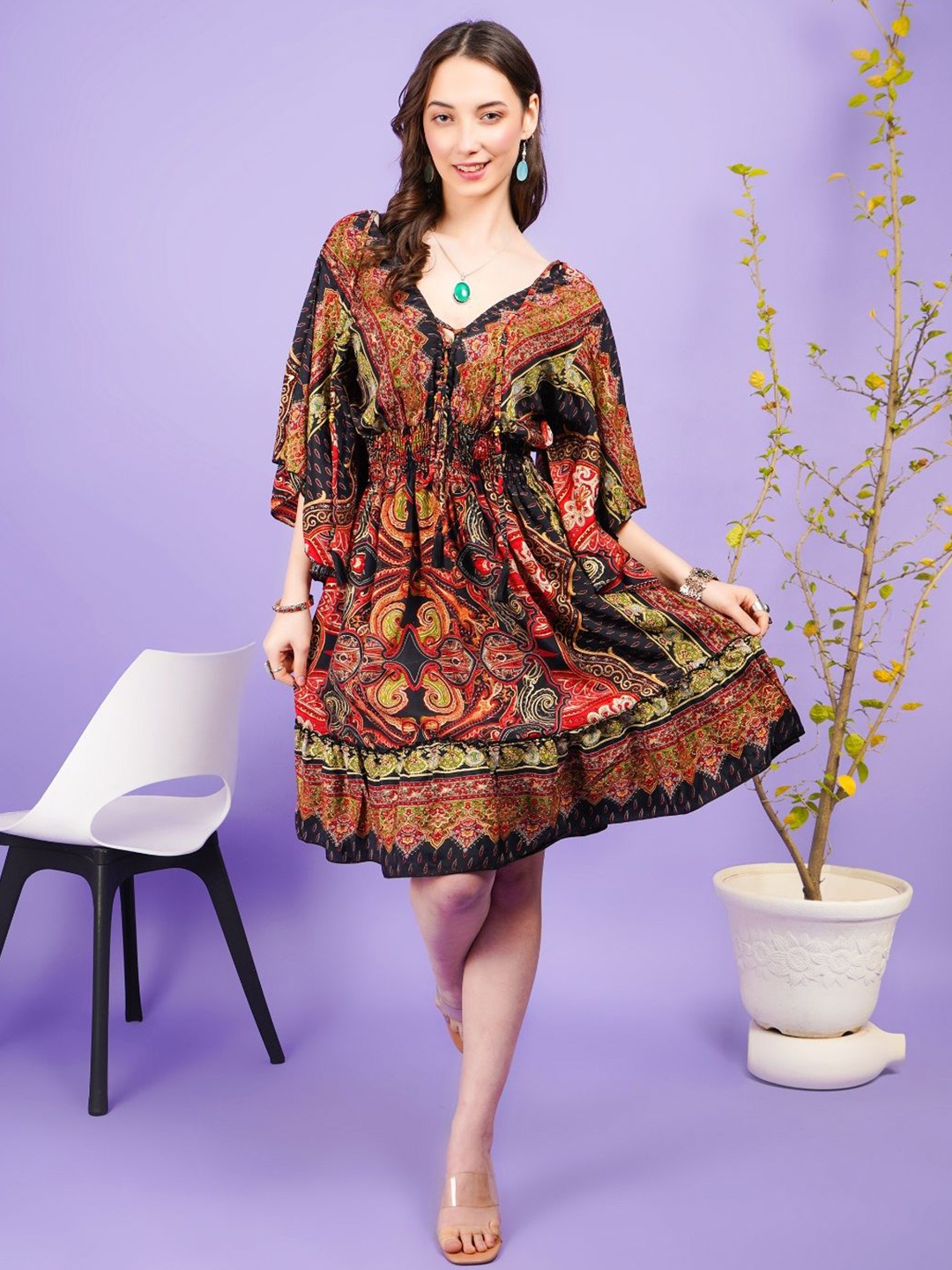 

Boholyfe Radiant Ember Bohemian Flared Sleeve dress, Red