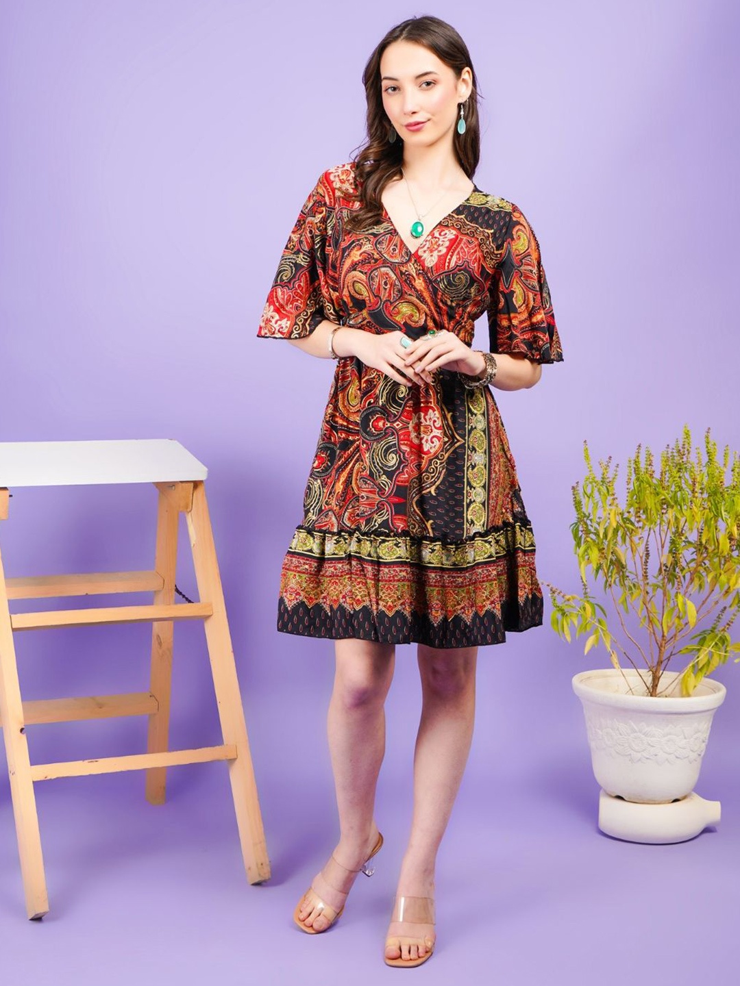 

Boholyfe Women Vibrant Ember Paisley Boho Short Dress, Red