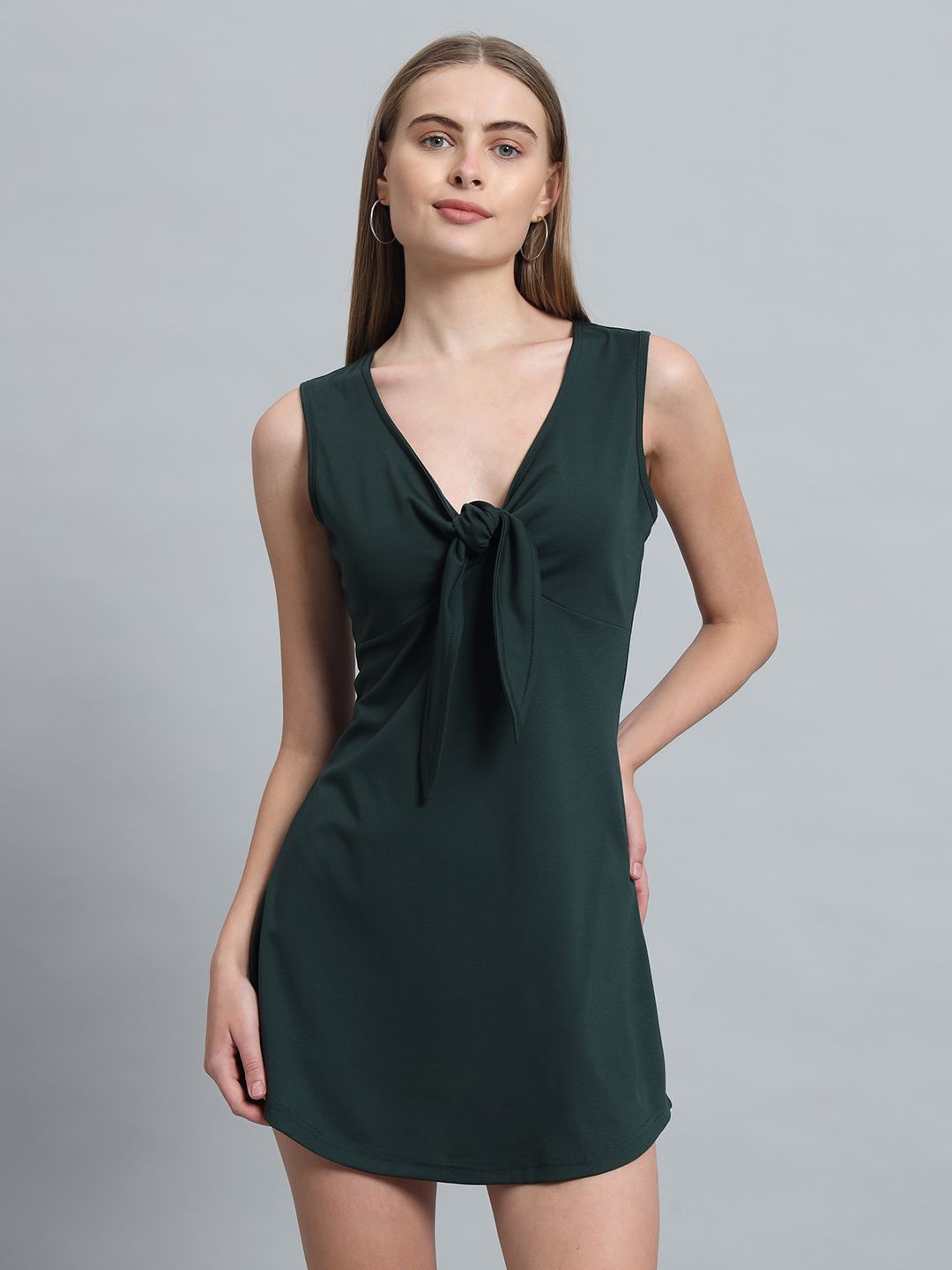

ND & R Women Solid Stretchable Sleeveless Fit & Flare Tie Knot Dress, Green