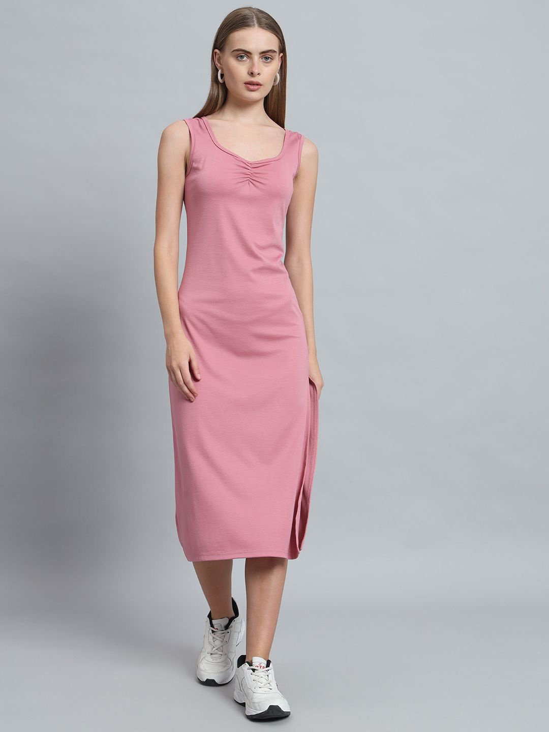 

ND & R Women Solid Stretchable Sleeveless Side Slit Long Midi Dress, Pink