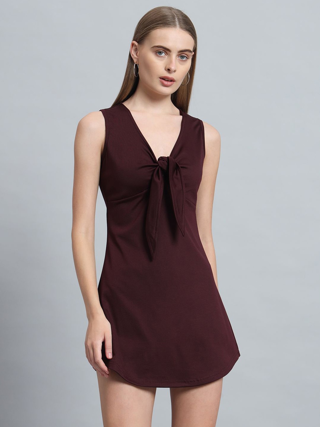 

ND & R Women Solid Stretchable Sleeveless Fit & Flare Tie Knot Dress, Maroon