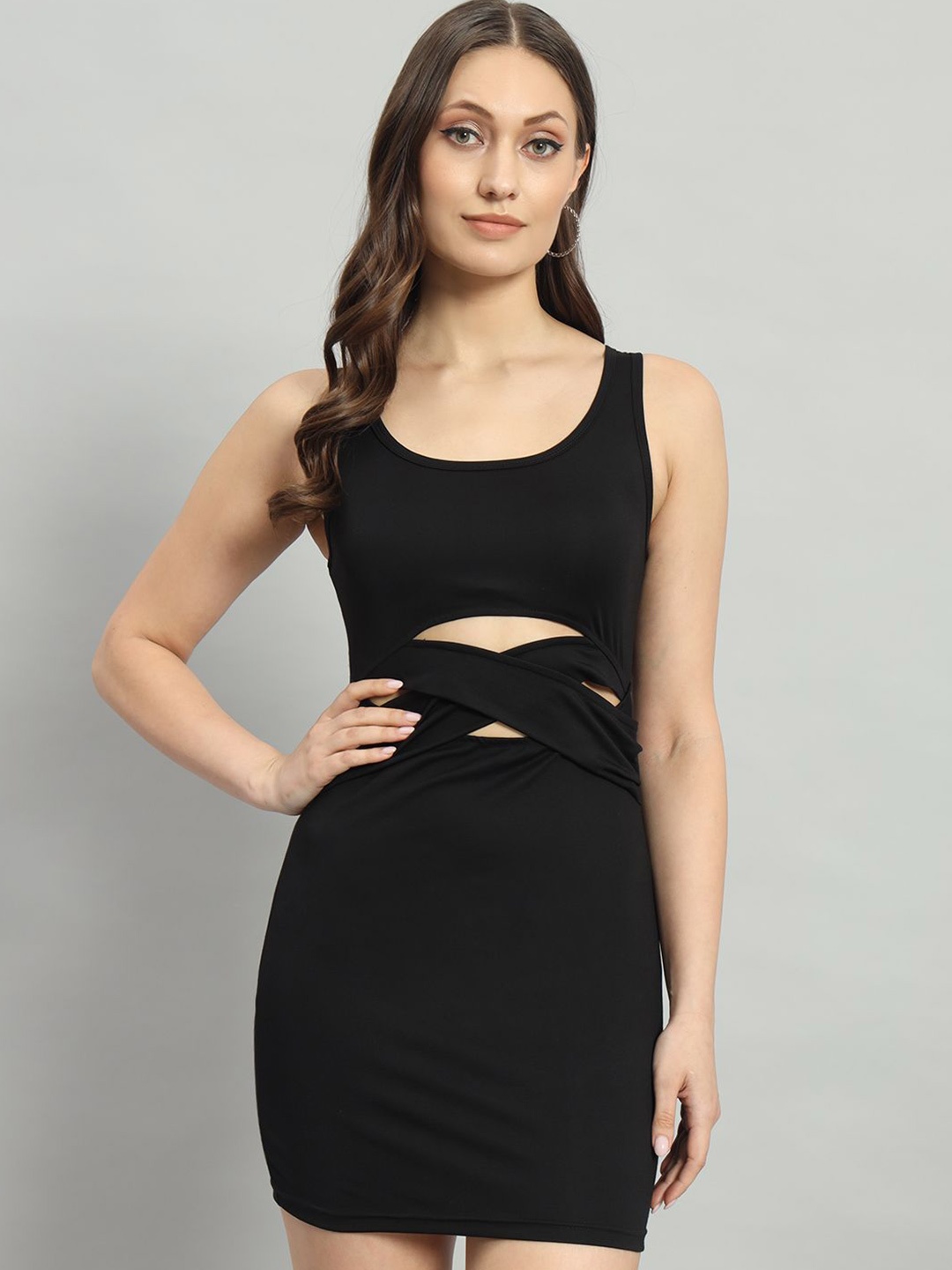 

ND & R Women Solid Stretchable Sleeveless Front Cut Out Bodycon Dress, Black