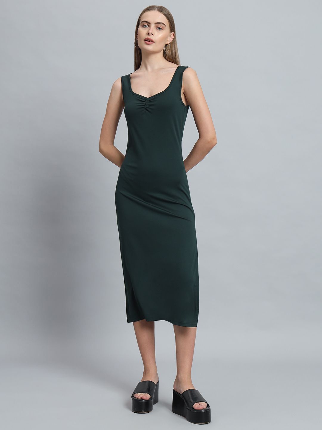 

ND & R Women Solid Stretchable Sleeveless Side Slit Long Midi Dress, Green