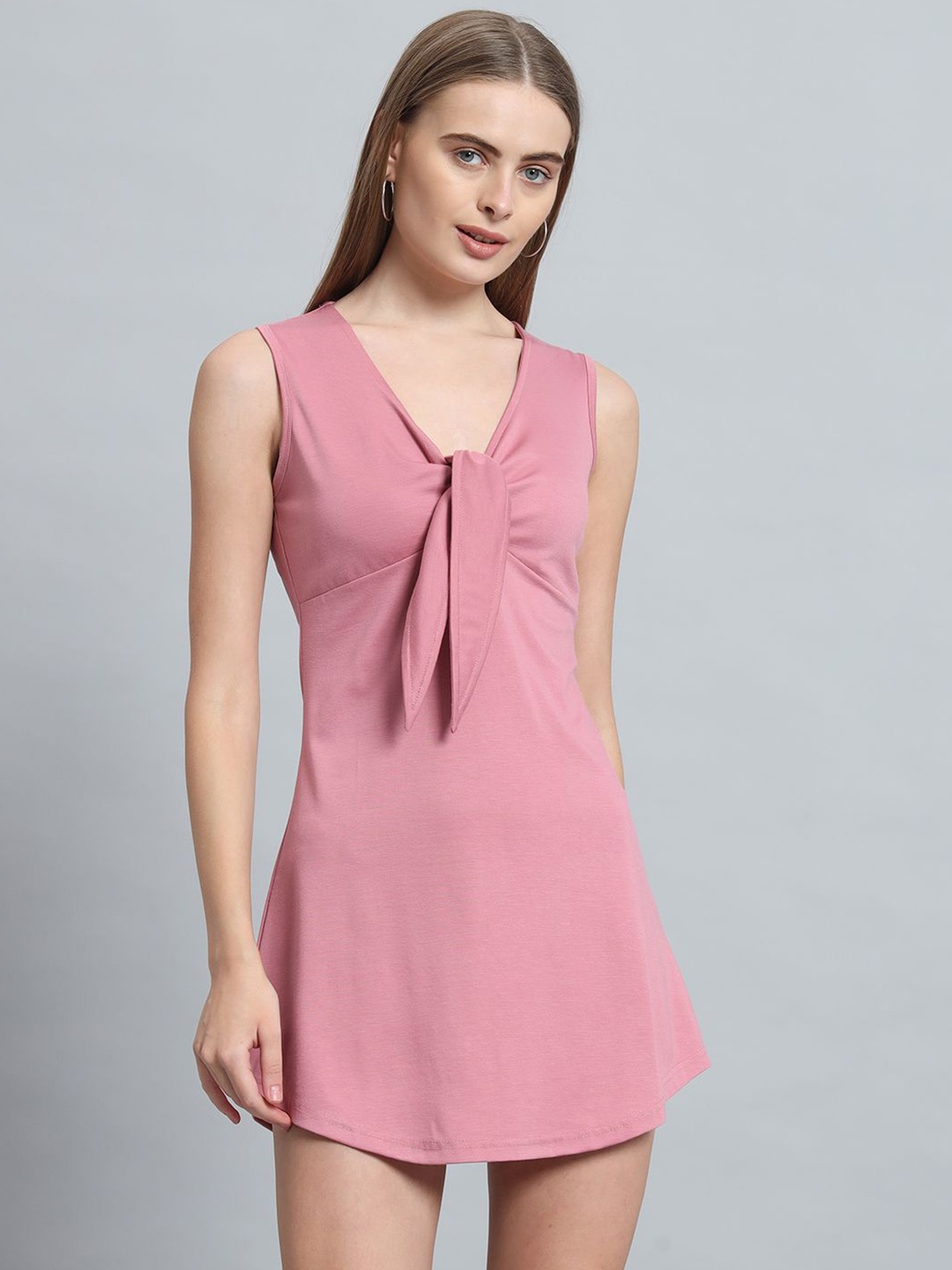 

ND & R Women Solid Stretchable Sleeveless Fit & Flare Tie Knot Dress, Pink