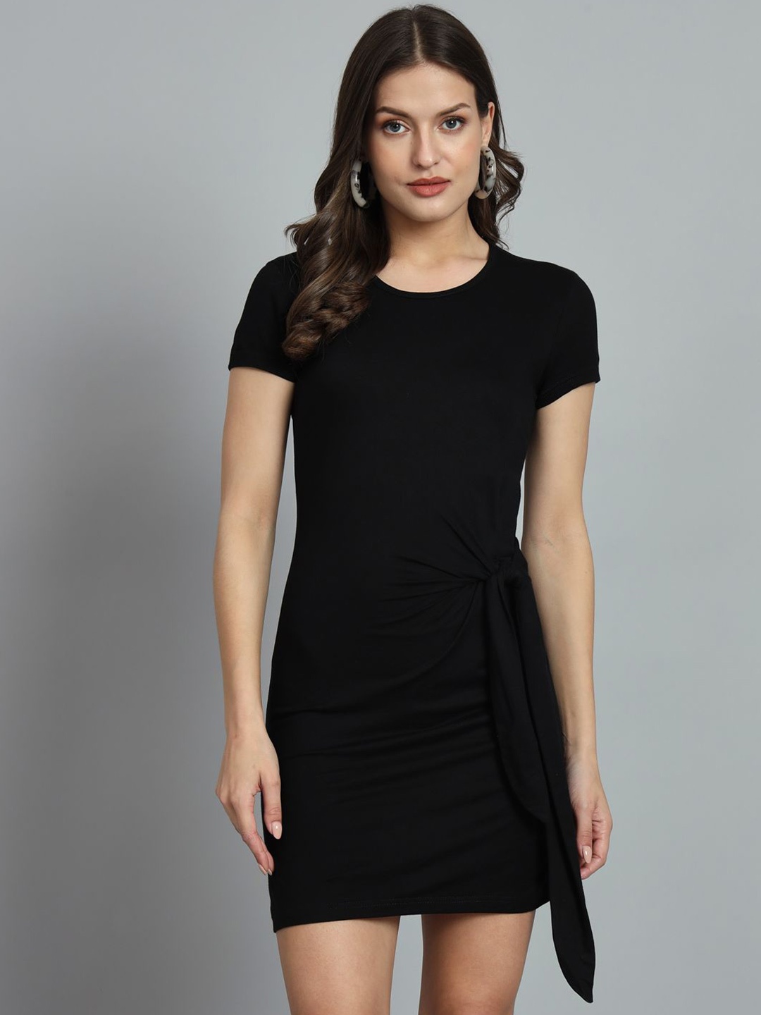 

ND & R Women Solid Stretchable Short Sleeve Side Bow Bodycon Dress, Black