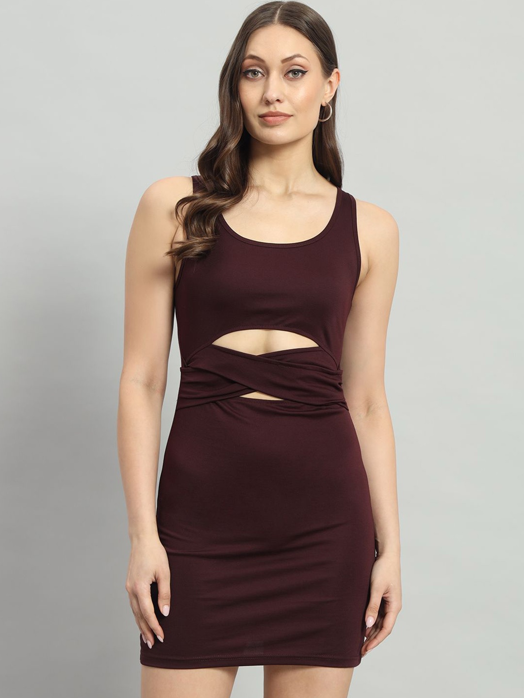 

ND & R Women Solid Stretchable Sleeveless Front Cut Out Bodycon Dress, Maroon