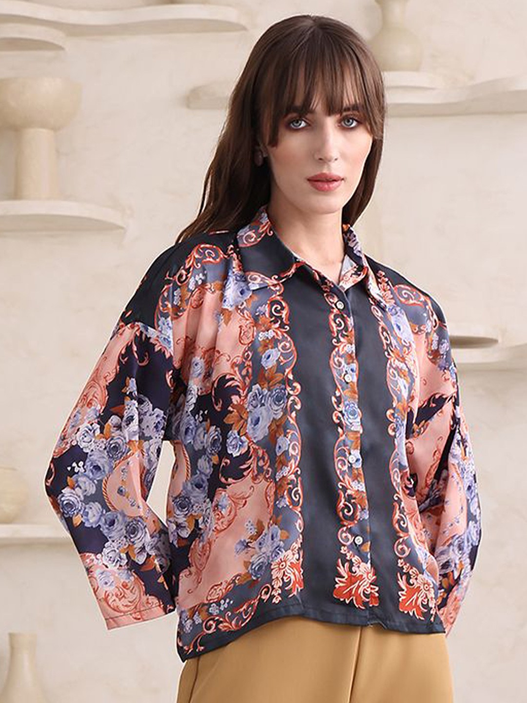 

OBSHIVKA Floral Printed Satin Shirt Style Top, Navy blue