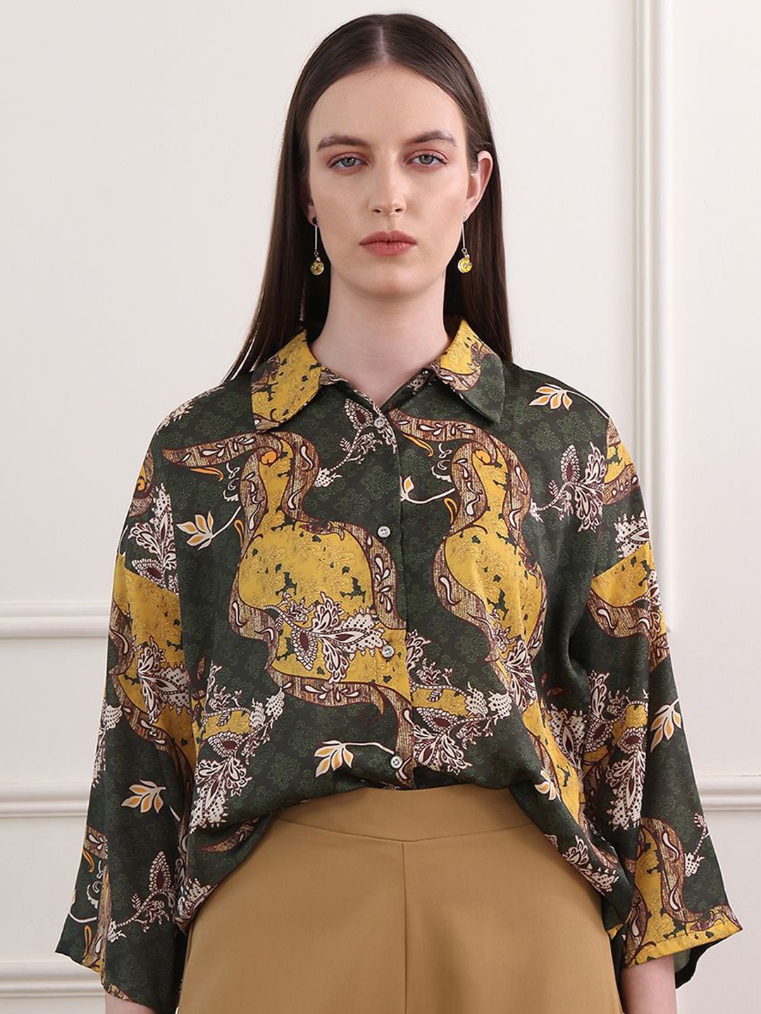 

OBSHIVKA Print Satin Shirt Style Longline Top, Olive