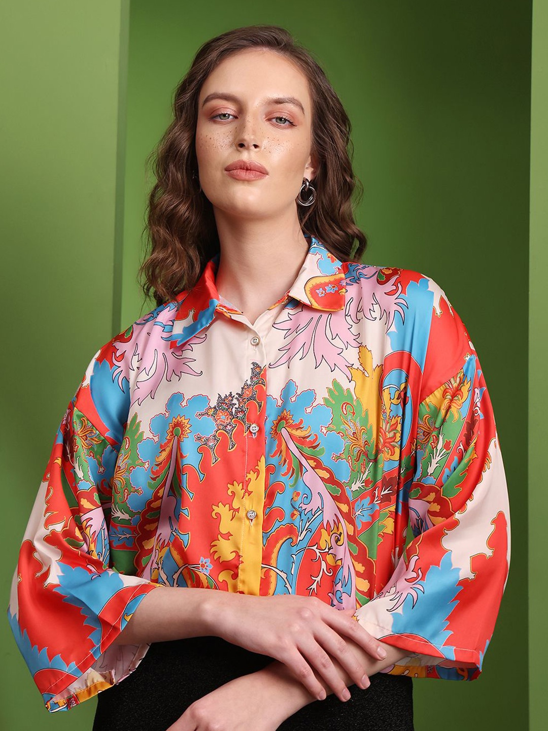 

OBSHIVKA Women Printed Satin Shirt Style Longline Top, Red