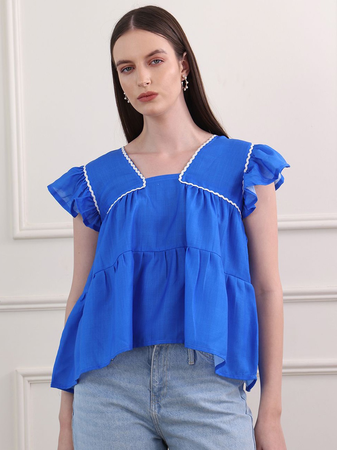 

OBSHIVKA Women Flutter Sleeves Top, Blue