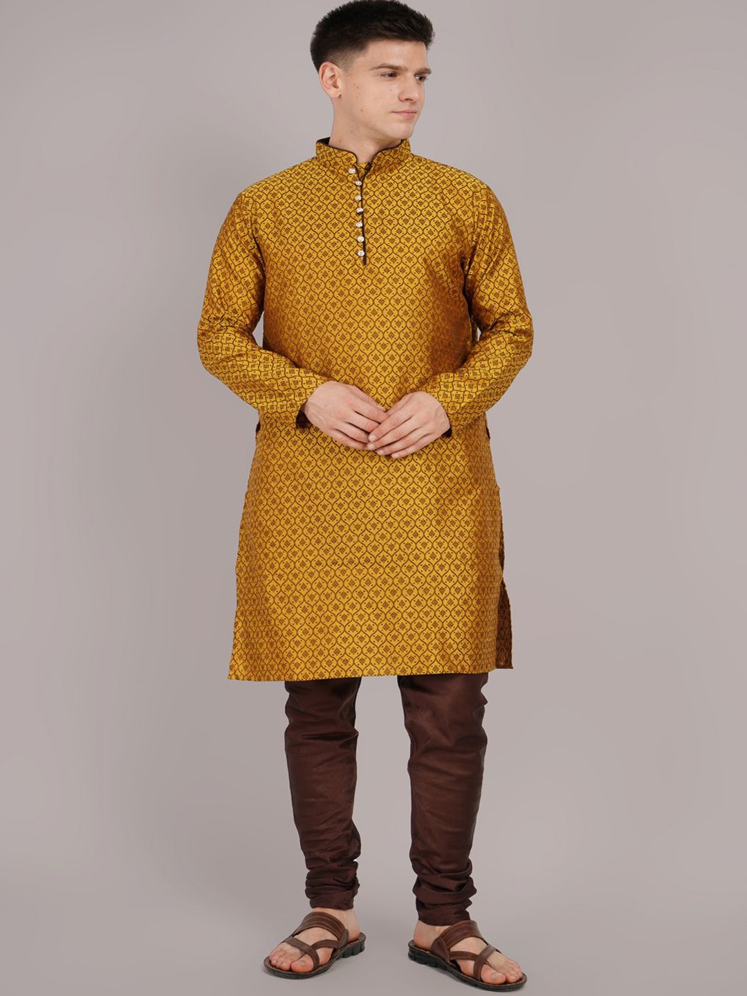 

Larwa Ethnic Motifs Woven Design Mandarin Collar Jacquard Weave Kurta With Churidar, Yellow