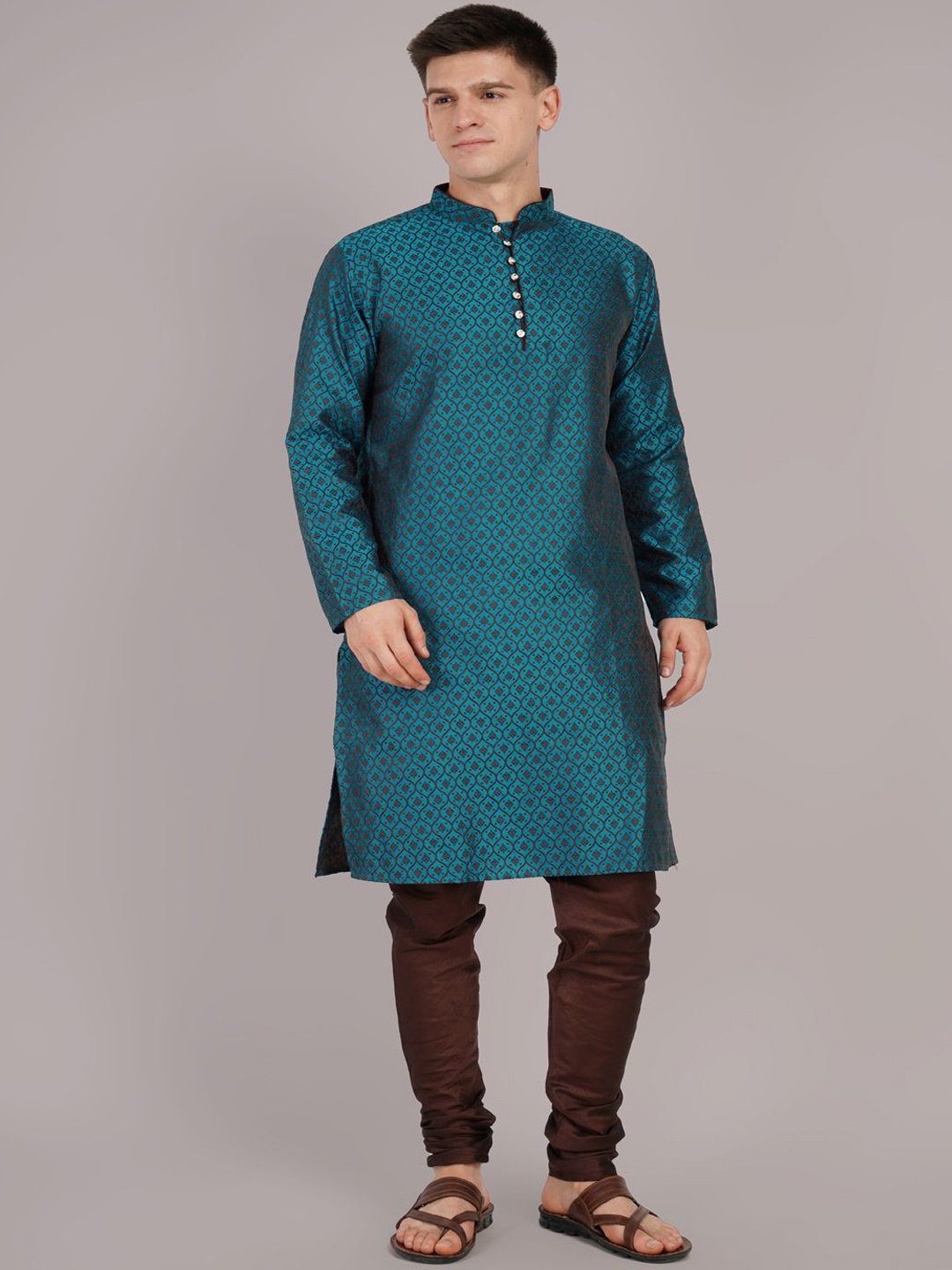 

Larwa Ethnic Motifs Woven Design Mandarin Collar Jacquard Weave Kurta With Churidar, Blue