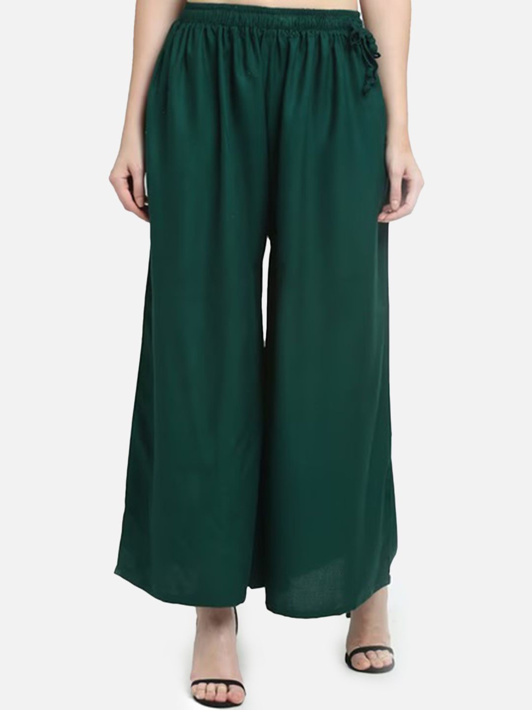 

Moda Rapido Women Flared Mid-Rise Drawstring Pleated Relaxed Trousers, Green