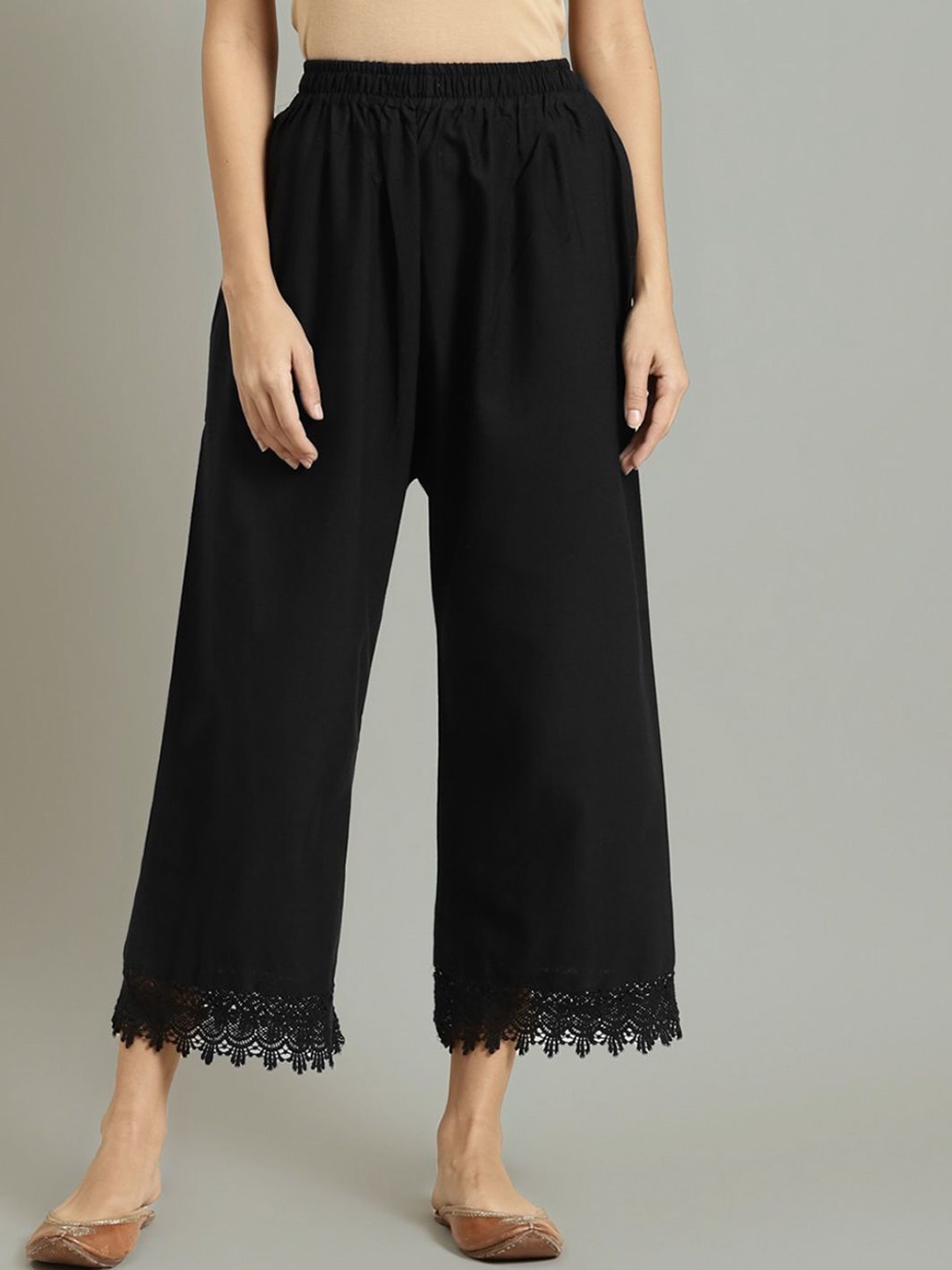 

Moda Rapido Women Wide Leg Lace Hem Cropped Palazzo, Black