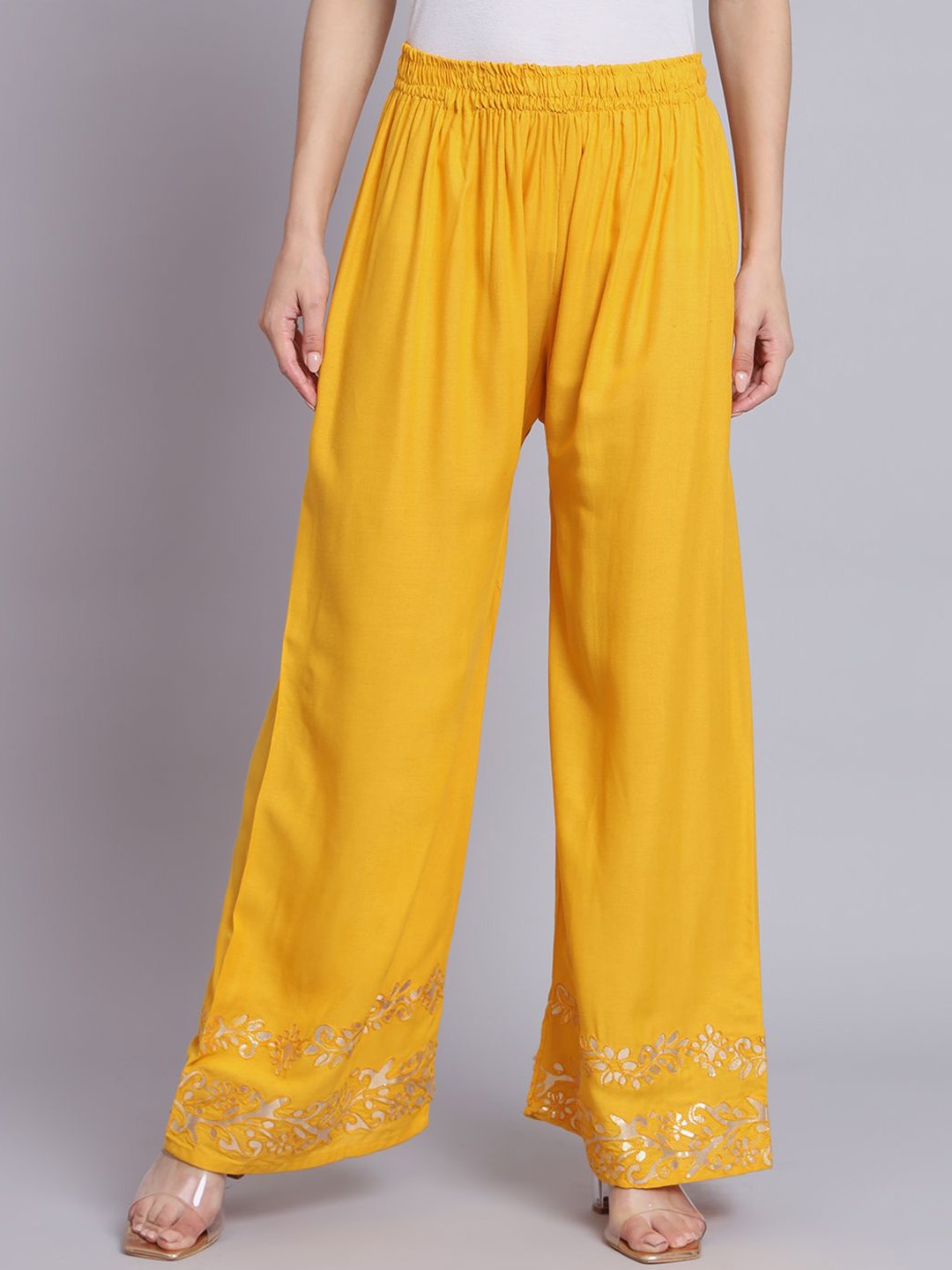 

Moda Rapido Women Embellished Relaxed Flared Pleated Trouser, Mustard