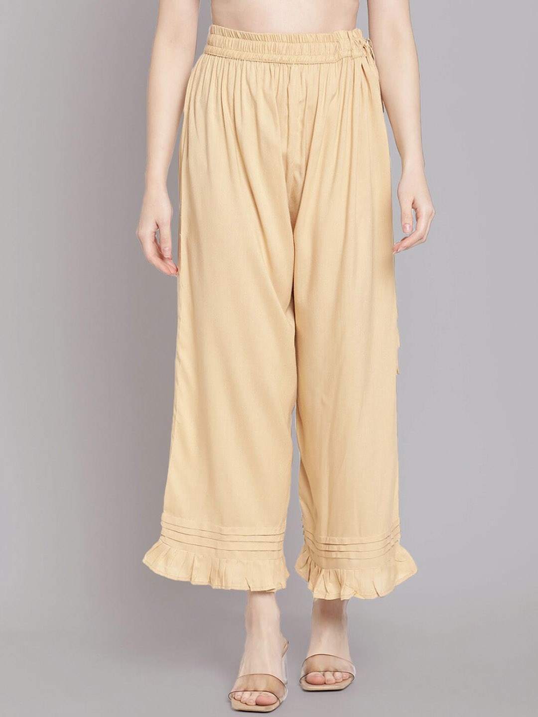 

Moda Rapido Women Relaxed Flared Pleated Mid-Rise Trousers, Beige