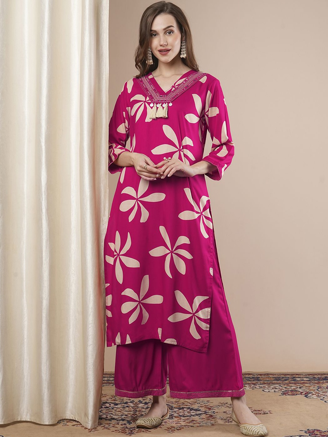 

KALINI Floral Sequence Embelished Printed V Neck Straight Kurta with Palazzos, Pink