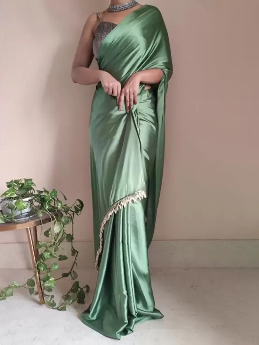 

KALINI Embroidered Satin Saree, Sea green