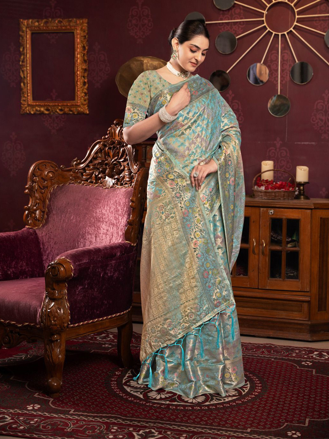 

ISHIKA FAB Woven Design Organza Banarasi Saree, Blue