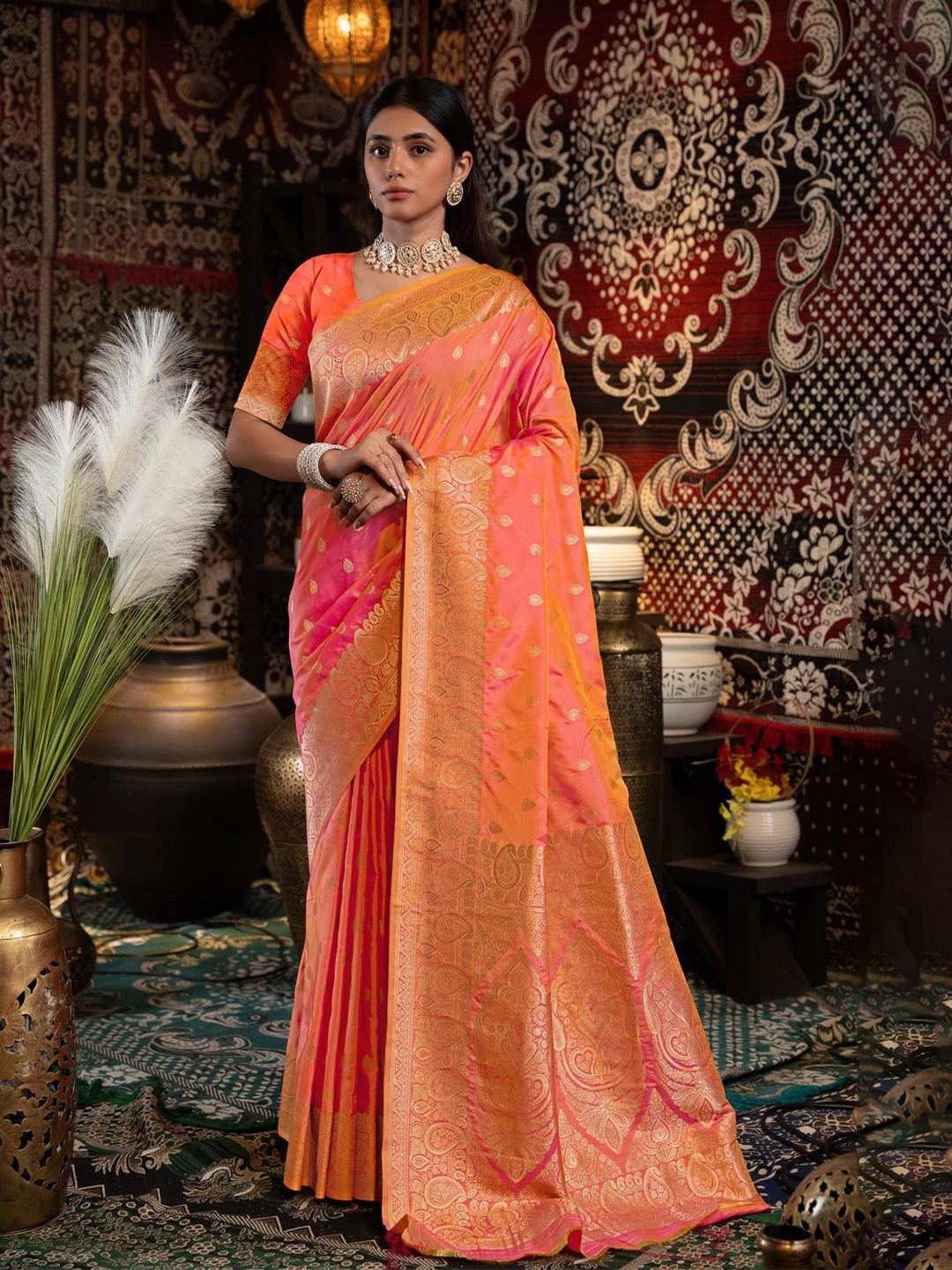 

ISHIKA FAB Leheriya Zari Banarasi Saree, Peach