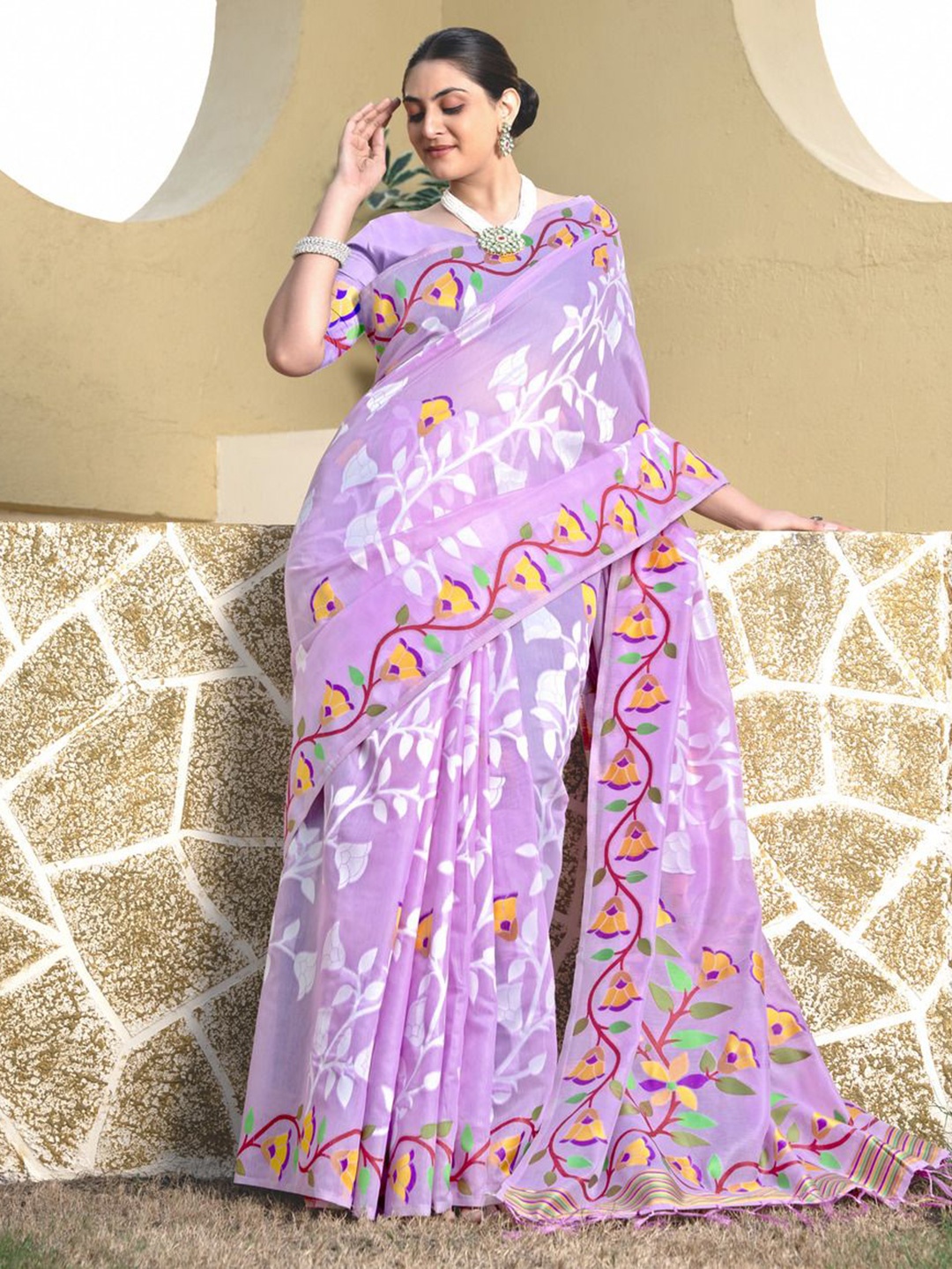 

ISHIKA FAB Woven Design Zari Pure Cotton Jamdani Saree, Lavender