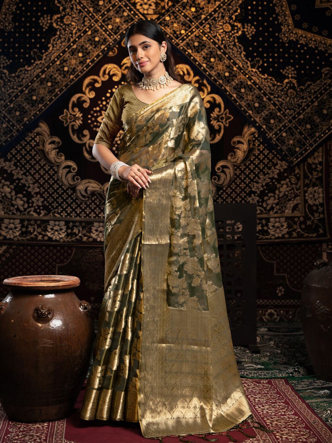 

ISHIKA FAB Women Floral Organza Saree, Olive