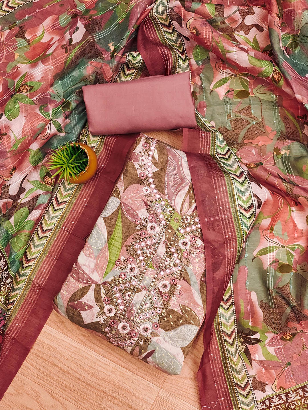 

MANVAA Floral Printed Sequinned Unstitched Dress Material, Pink
