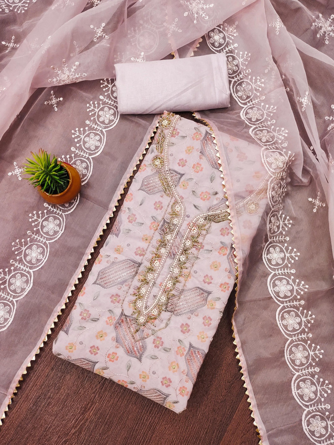 

MANVAA Floral Printed Beads and Stones Organza Unstitched Dress Material, Pink