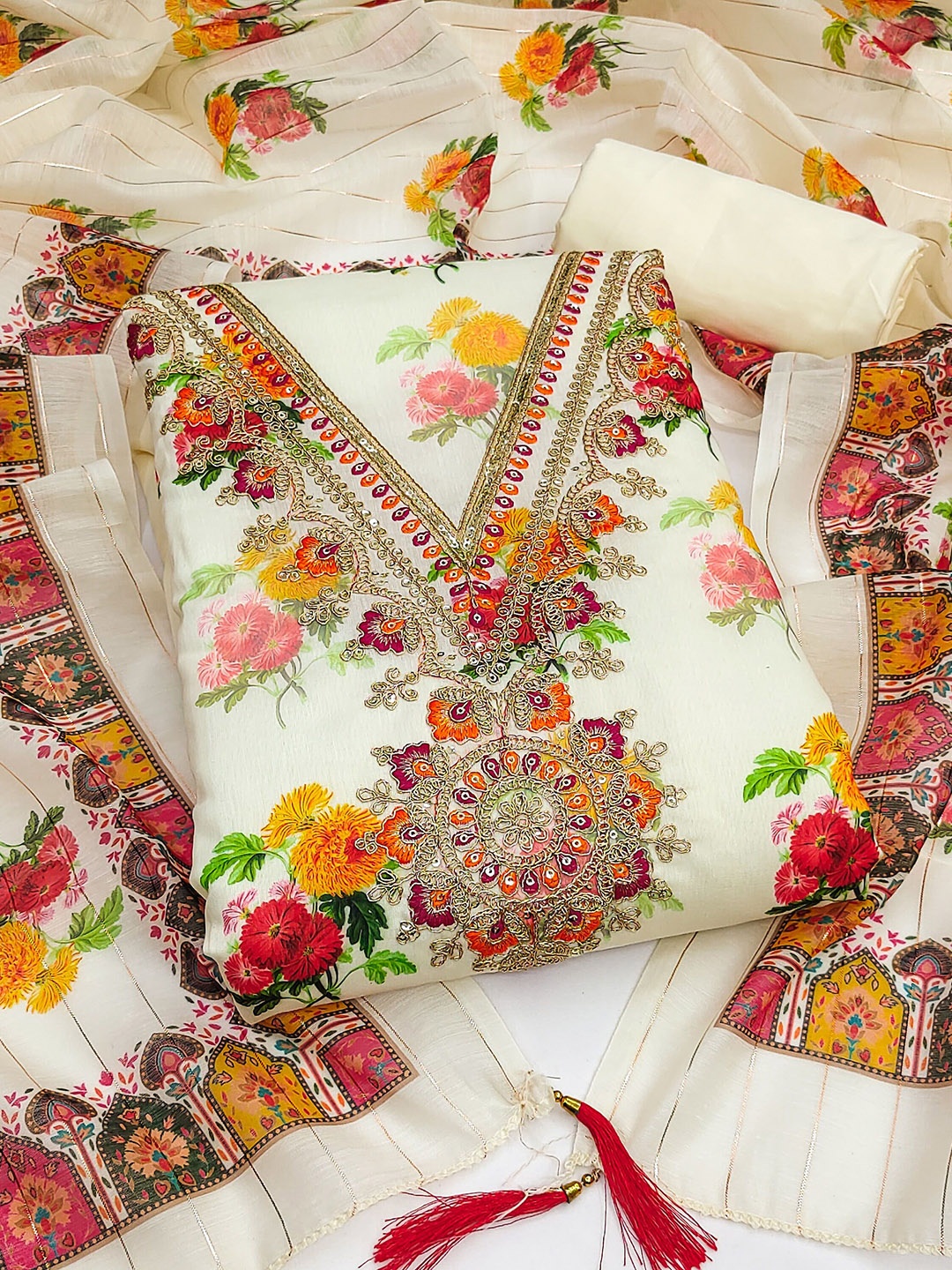 

MANVAA Floral Printed Sequinned Unstitched Dress Material, White
