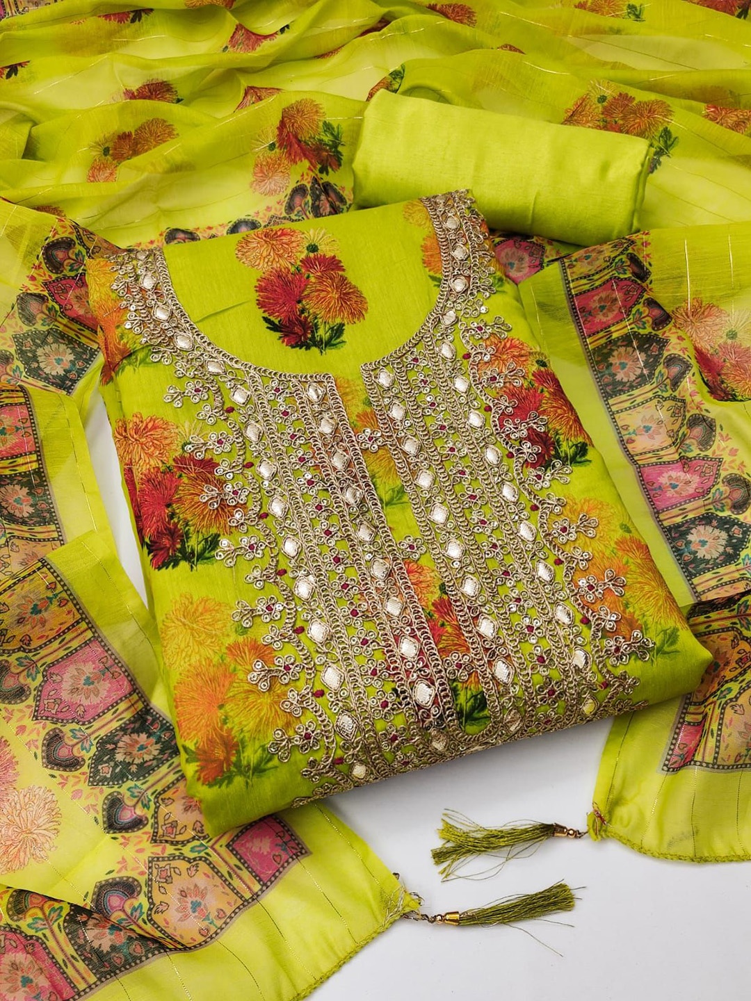 

MANVAA Floral Printed Sequinned Unstitched Dress Material, Green