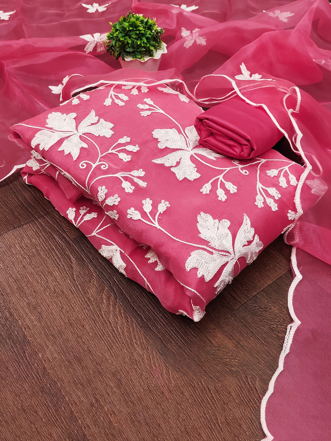 

MANVAA Floral Embroidered Organza Unstitched Dress Material, Pink