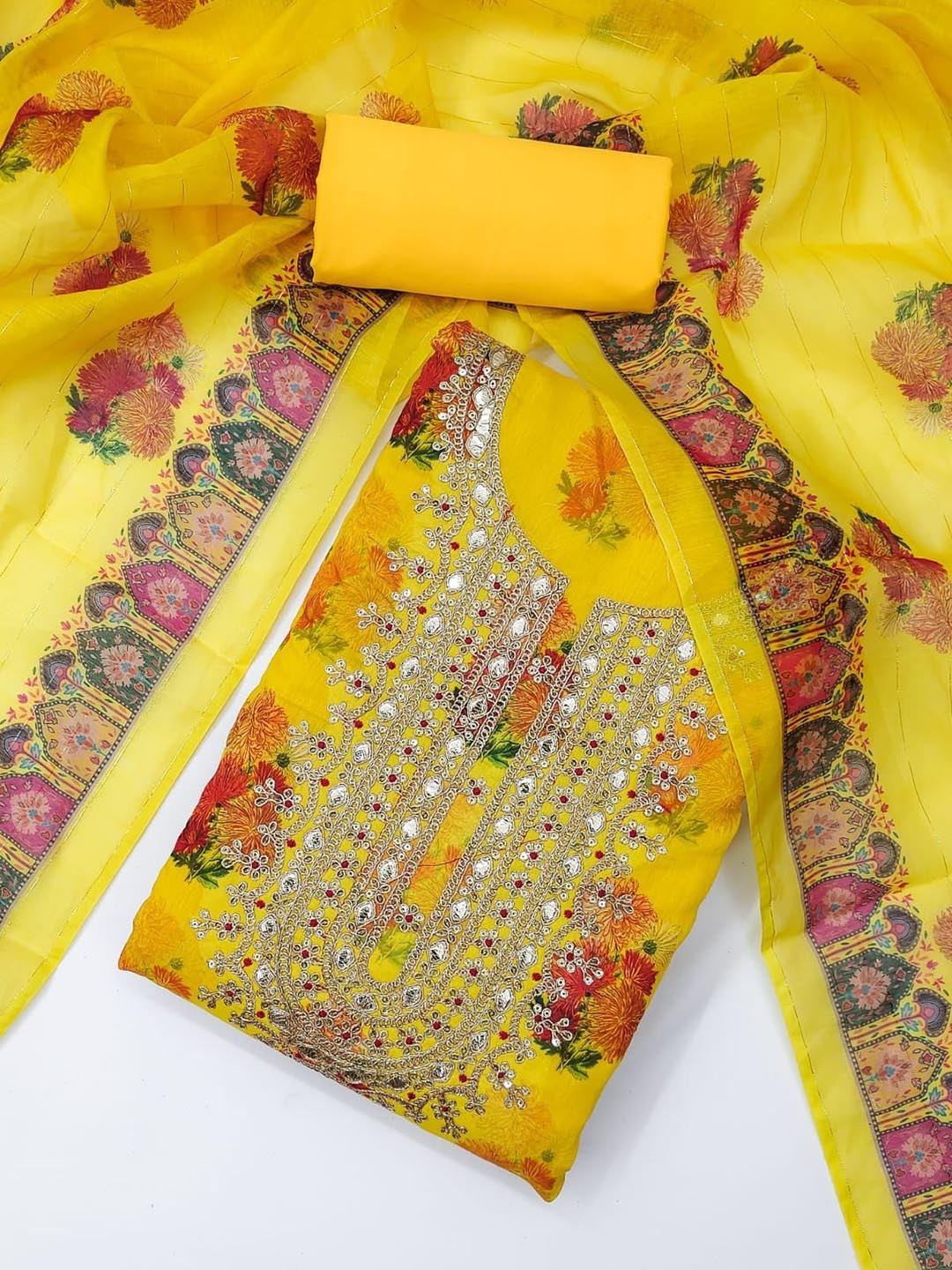 

MANVAA Floral Printed Sequinned Unstitched Dress Material, Yellow