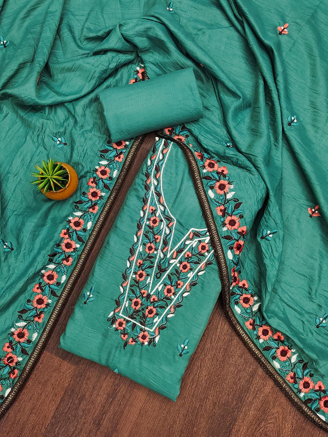 

MANVAA Floral Embroidered Unstitched Dress Material, Sea green